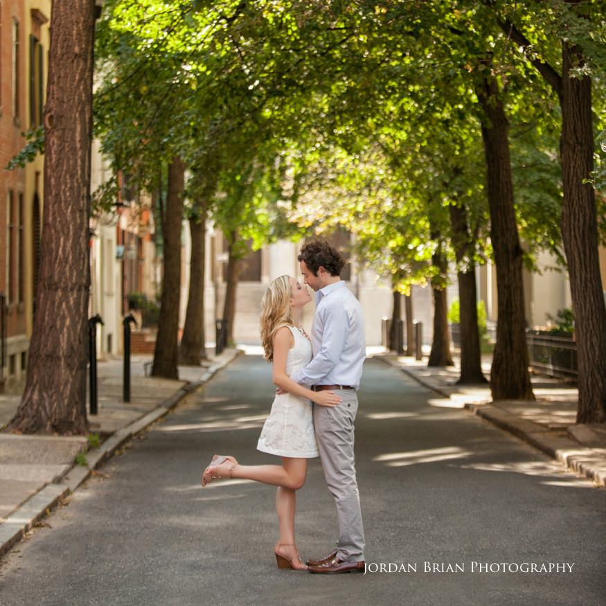 Square format portrait of Rebecca and Nick during their Philadelphia Rittenhouse engagement session