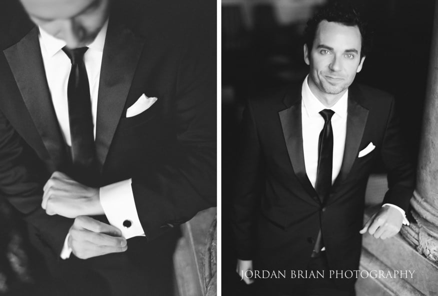 Black and white film portraits of Groom getting ready before Philadelphia Bellevue Hotel Wedding.