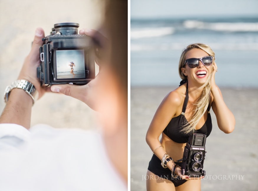 Ventnor beach Engagement photos with vintage camera