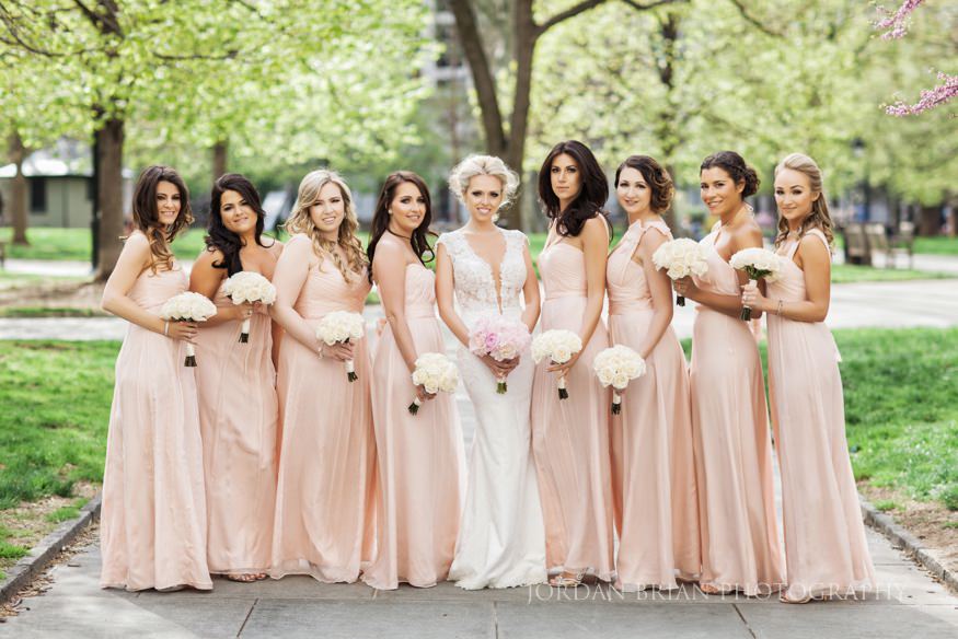 bridesmaids portraits at rittenhouse square park before curtis center wedding