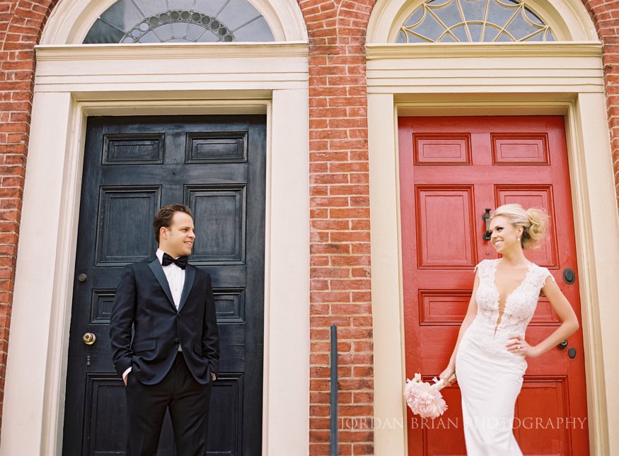 bride and groom portraits at rittenhouse square before curtis center wedding