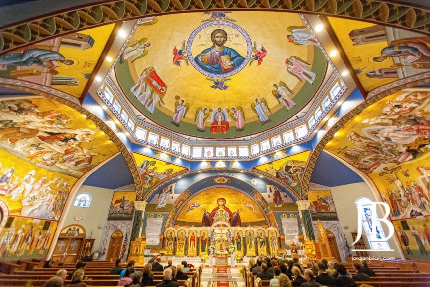 St. Barbara's Greek Orthodox Church interior during Stasia and Evan's ceremony