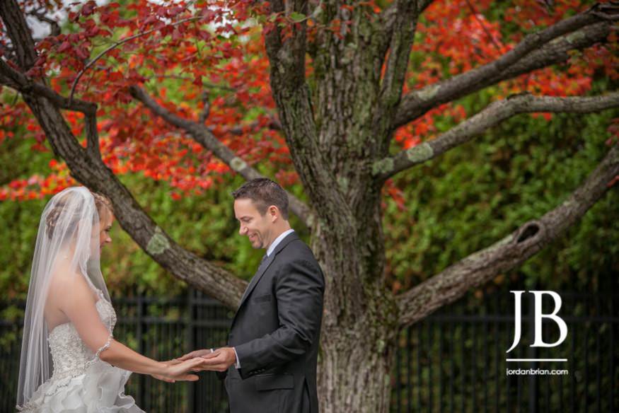 Tamara and Dustin wedding portrait in fall foliage at Skytop Lodge PA