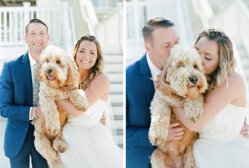 Bride and groom portraits with their dog at Windows on the Water wedding Sea Bright.