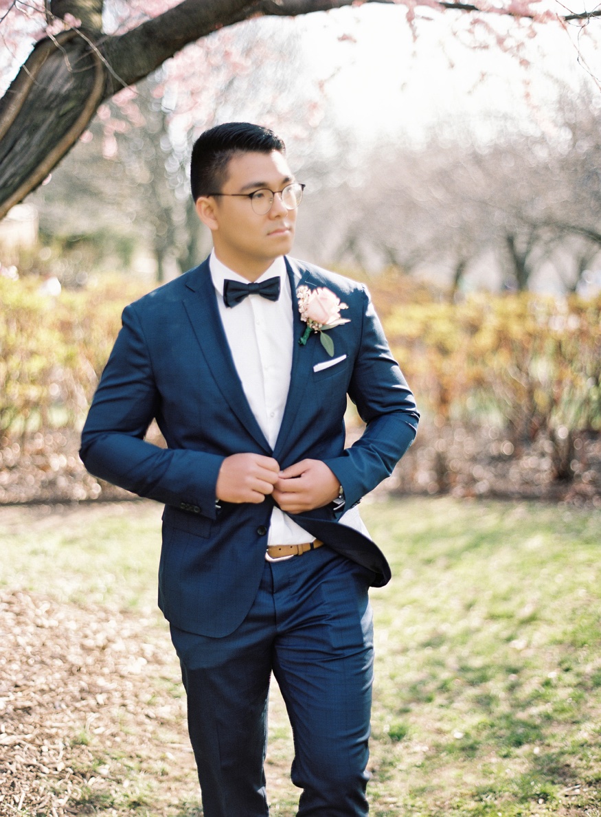 Groom's portraits at Brooklyn Botanic Garden wedding.