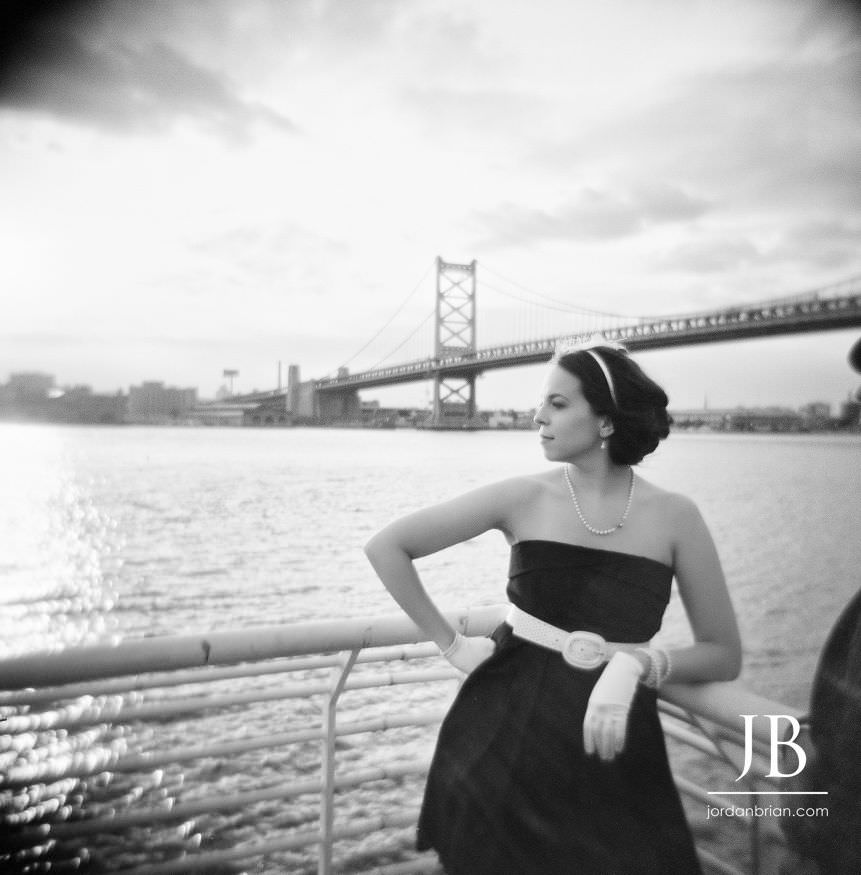 Veronica and Matt vertical artisan film engagement photograph 60s vintage style