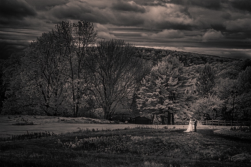 Tamara and Dustin black and white portrait with Pocono Mountains at Skytop Lodge