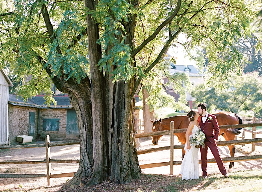 Couple portrait with horse at Knowlton Mansion wedding Philadelphia