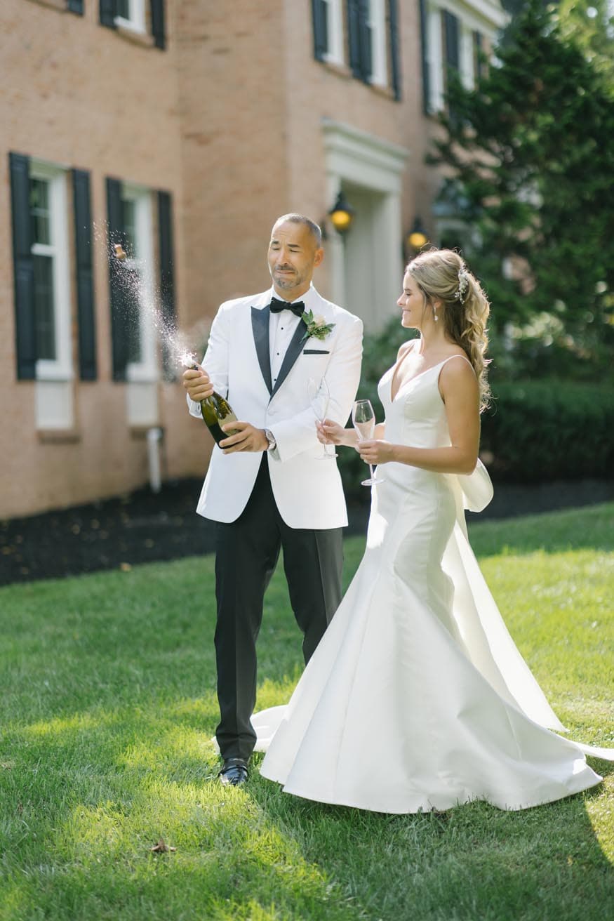 New Jersey private estate wedding bride and groom champagne portraits