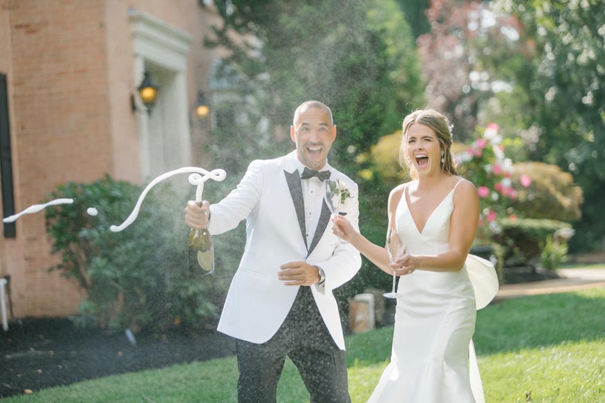 New Jersey private estate wedding bride and groom champagne portraits