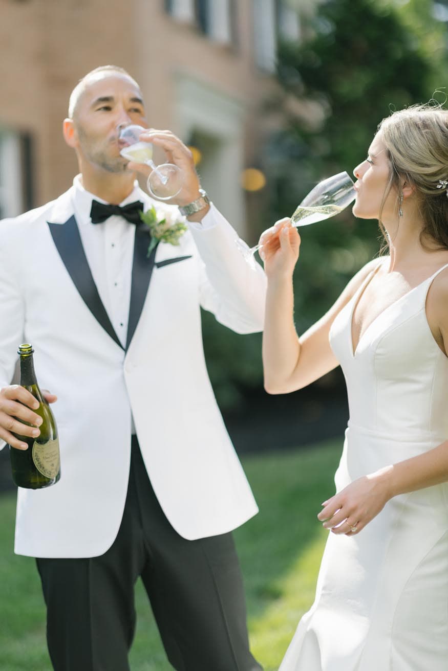 New Jersey private estate wedding bride and groom champagne portraits