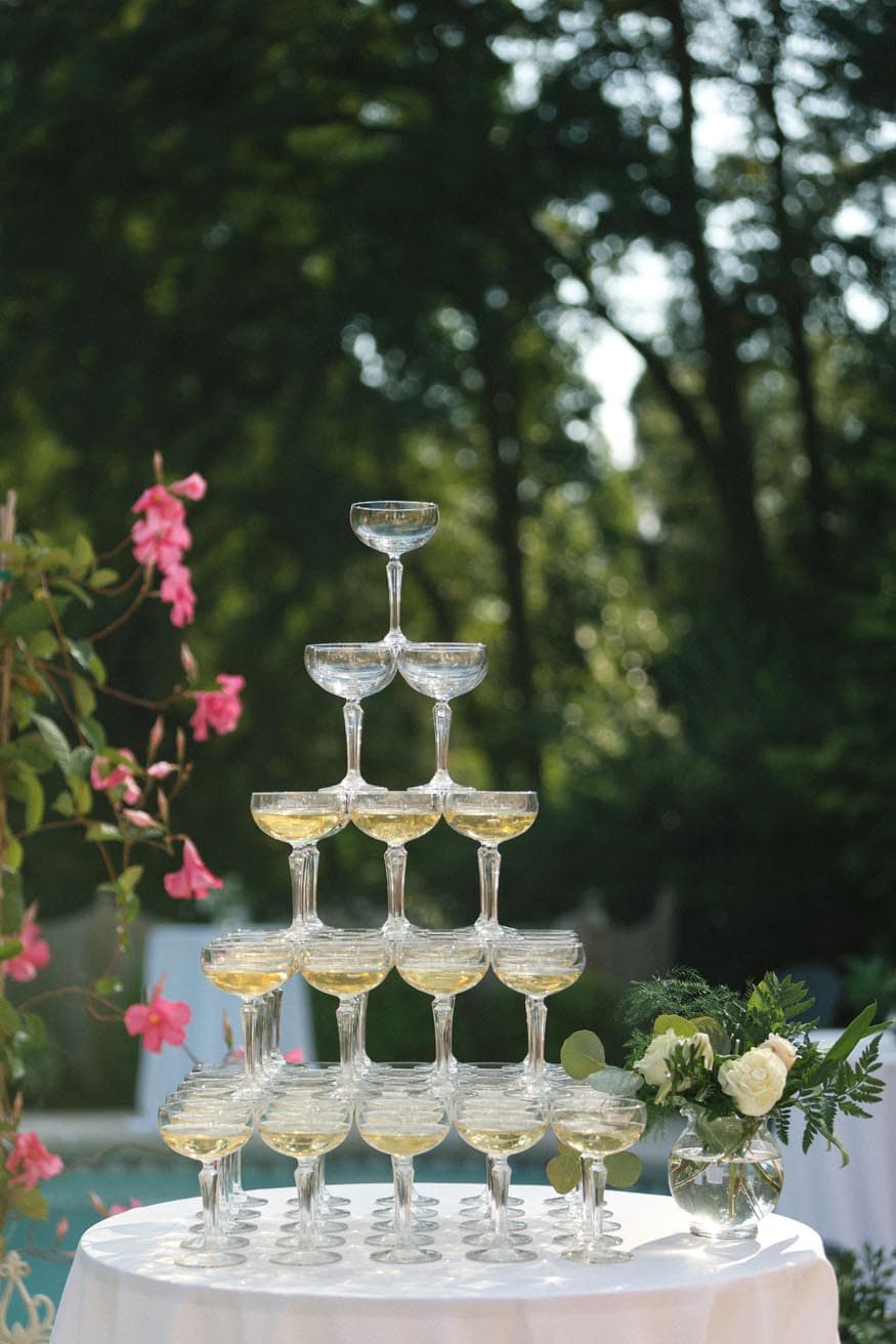 New Jersey private estate wedding cocktail hour champagne tower detail