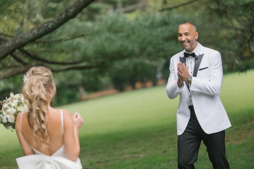 New Jersey private estate wedding first look with bride and groom