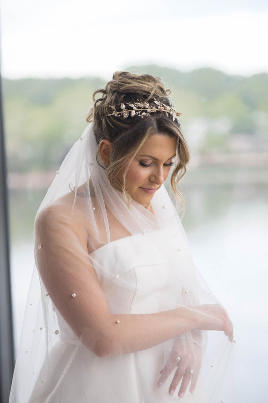 Bride overlooking Delaware River from Lambertville Inn
