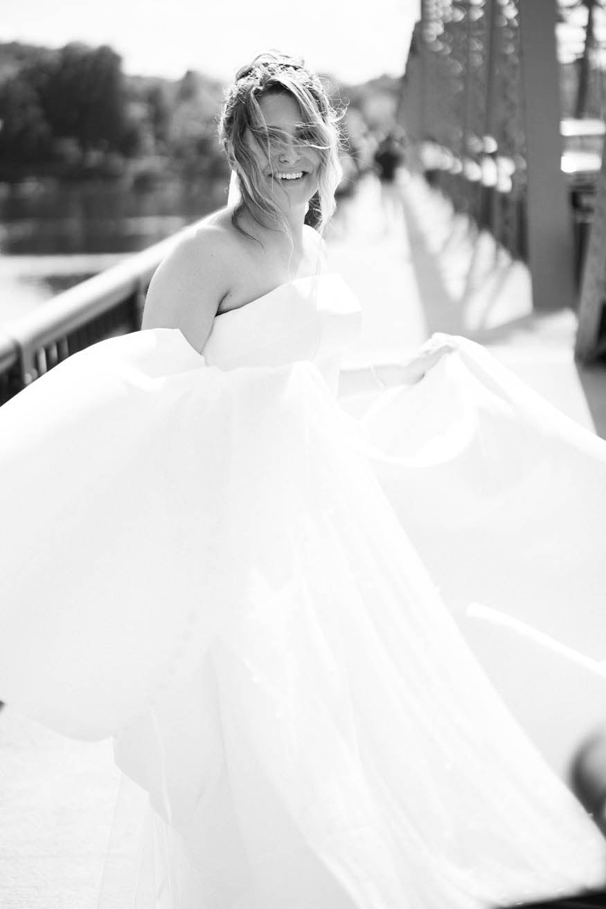 Bride turning portrait on Lambertville-New Hope bridge