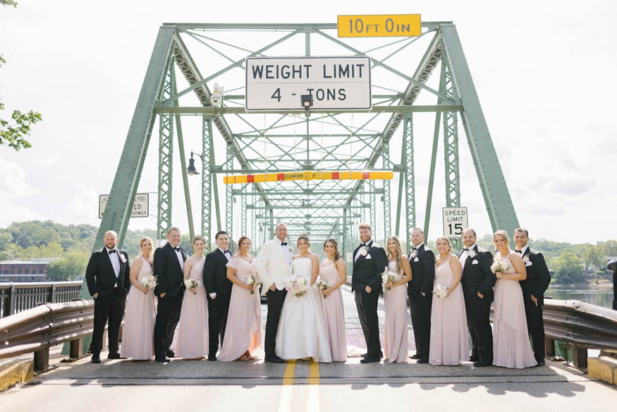 Wedding party group photo Lambertville bridge NJ