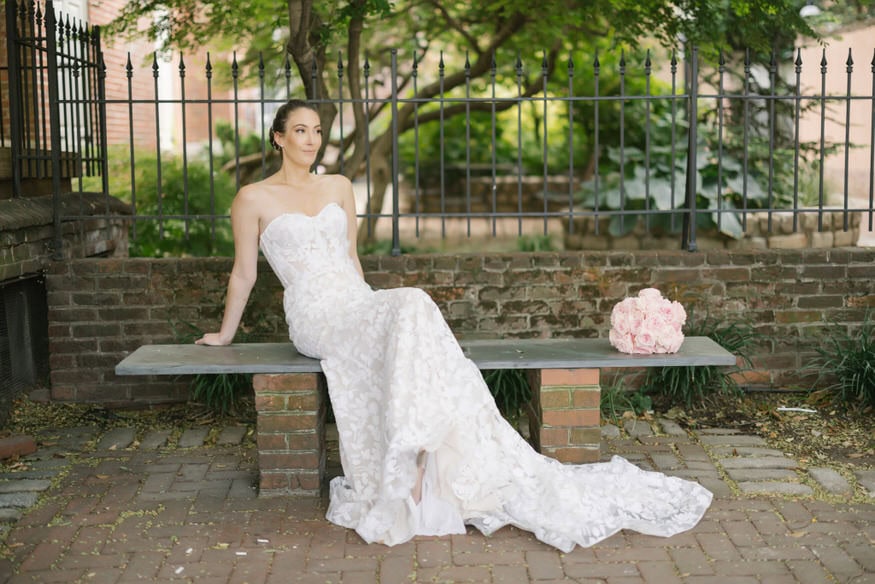 Bride bench nature portrait Four Seasons Philadelphia wedding