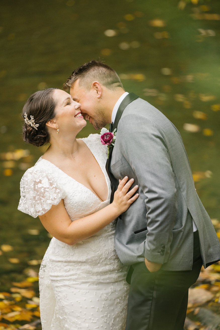 Couple embracing fall portrait Valley Green Inn wedding