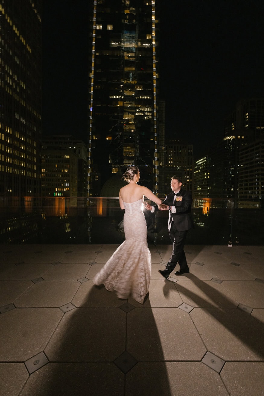 Anthony and Sara rooftop balcony portrait Four Seasons Philadelphia night