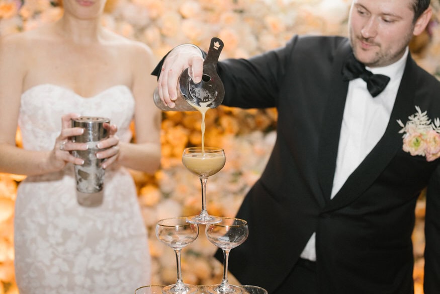 Bride and groom espresso martini tower Four Seasons Philadelphia wedding