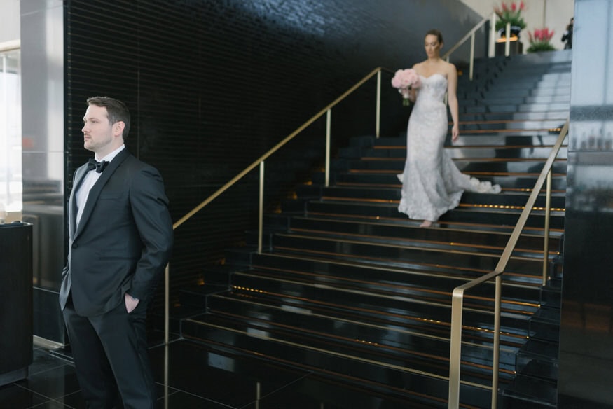 Bride and groom first look Four Seasons Philadelphia Sky Lounge