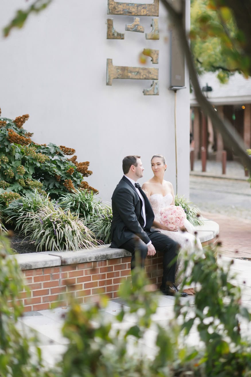 Bride and groom distance shot nature Four Seasons Philadelphia