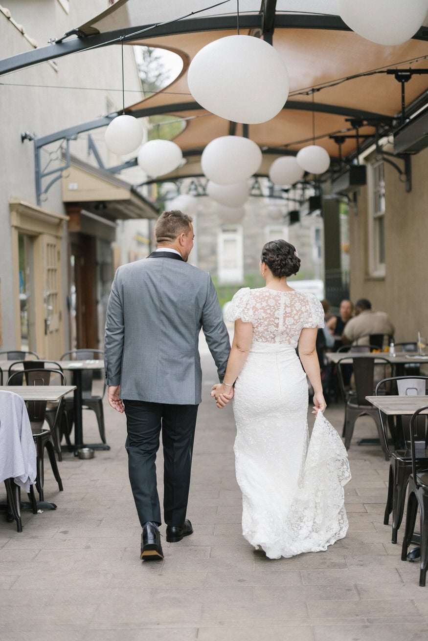 Bride and groom walking away shot Valley Green Inn wedding