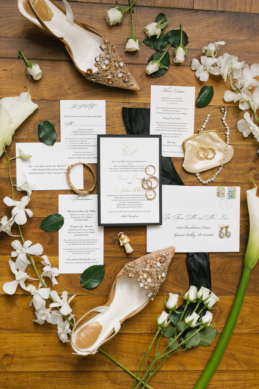 Bride invitation suite and ring details at Curtis Arboretum wedding Wyncote PA