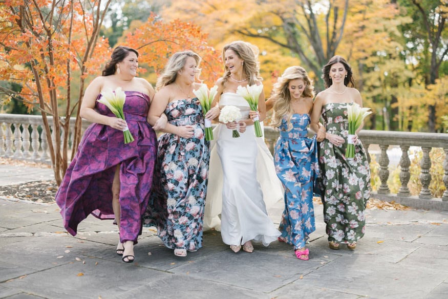 Bride with bridesmaids portrait Curtis Arboretum fall wedding