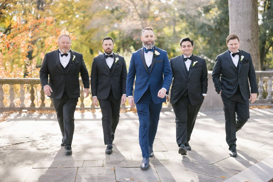 Groom and groomsmen group portrait Curtis Arboretum wedding