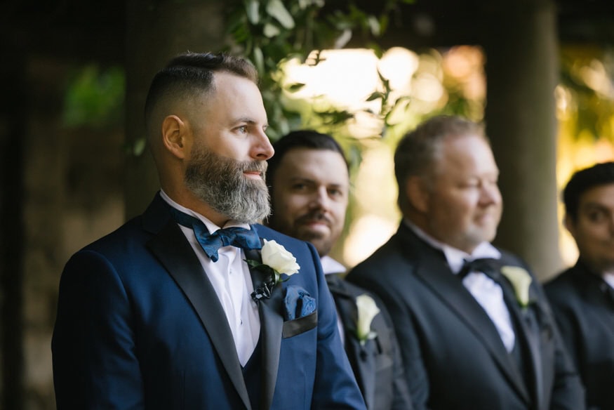 Groom first reaction seeing bride Curtis Arboretum ceremony