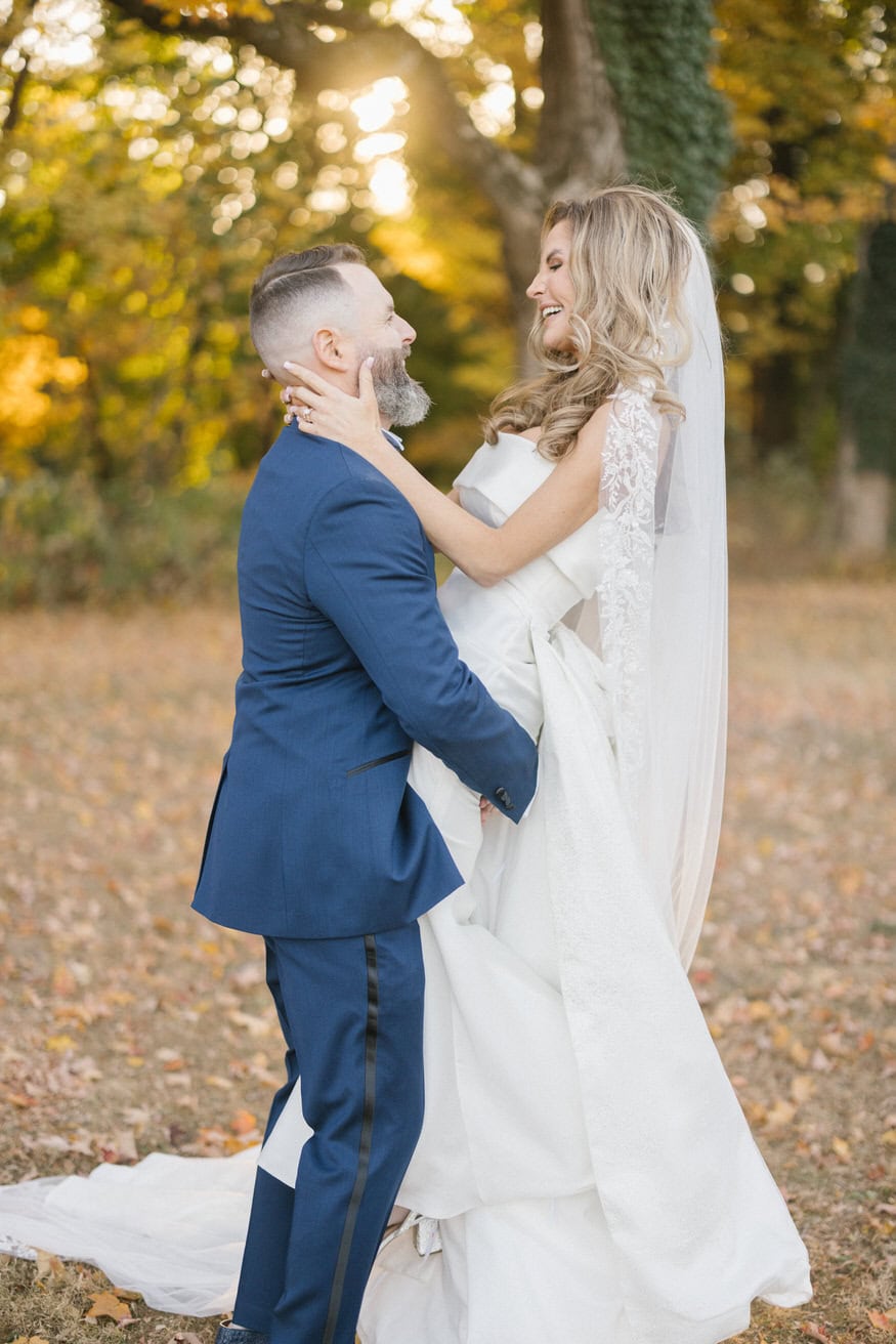 Romantic sunset portrait at Curtis Arboretum fall wedding