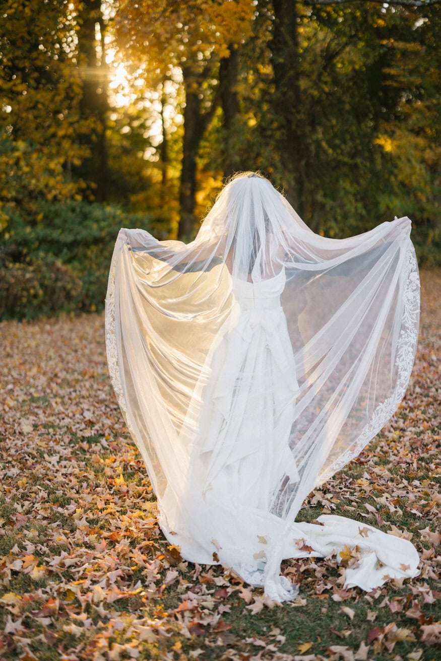 Bride veil blowing in wind Curtis Arboretum fall wedding