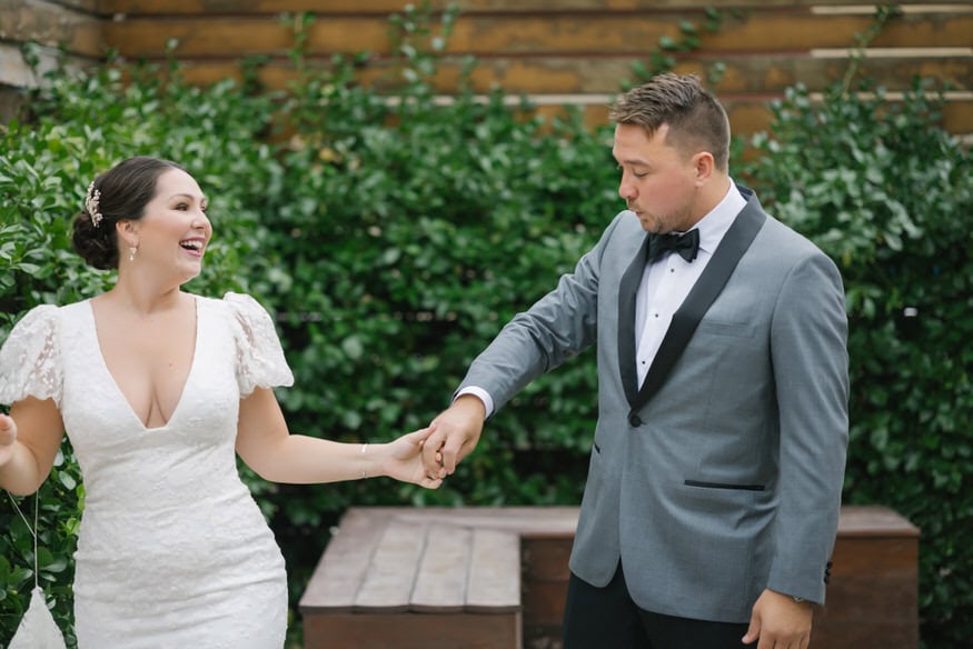 Couple embrace during first look Valley Green Inn wedding