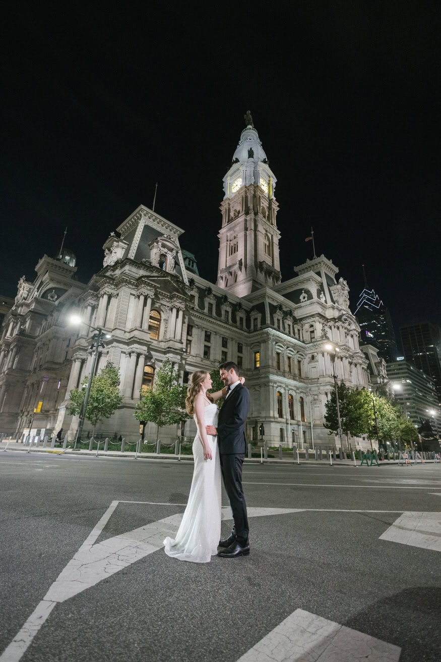 Night portraits outside City Hall Philadelphia wedding