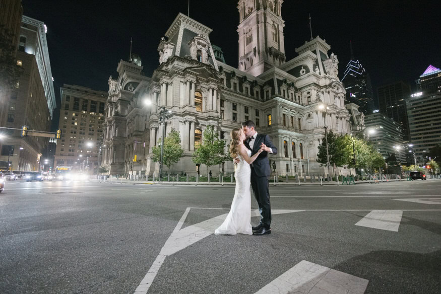 Couple nighttime portrait at City Hall Philadelphia wedding