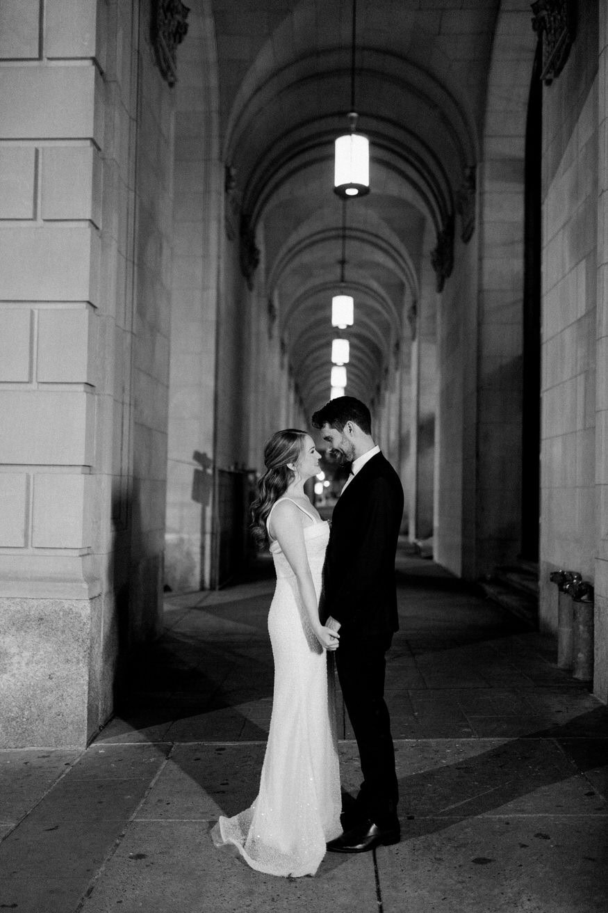 Bride and groom night portrait Philadelphia City Hall wedding