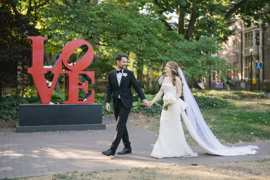 Bride and groom walking UPenn campus Philadelphia