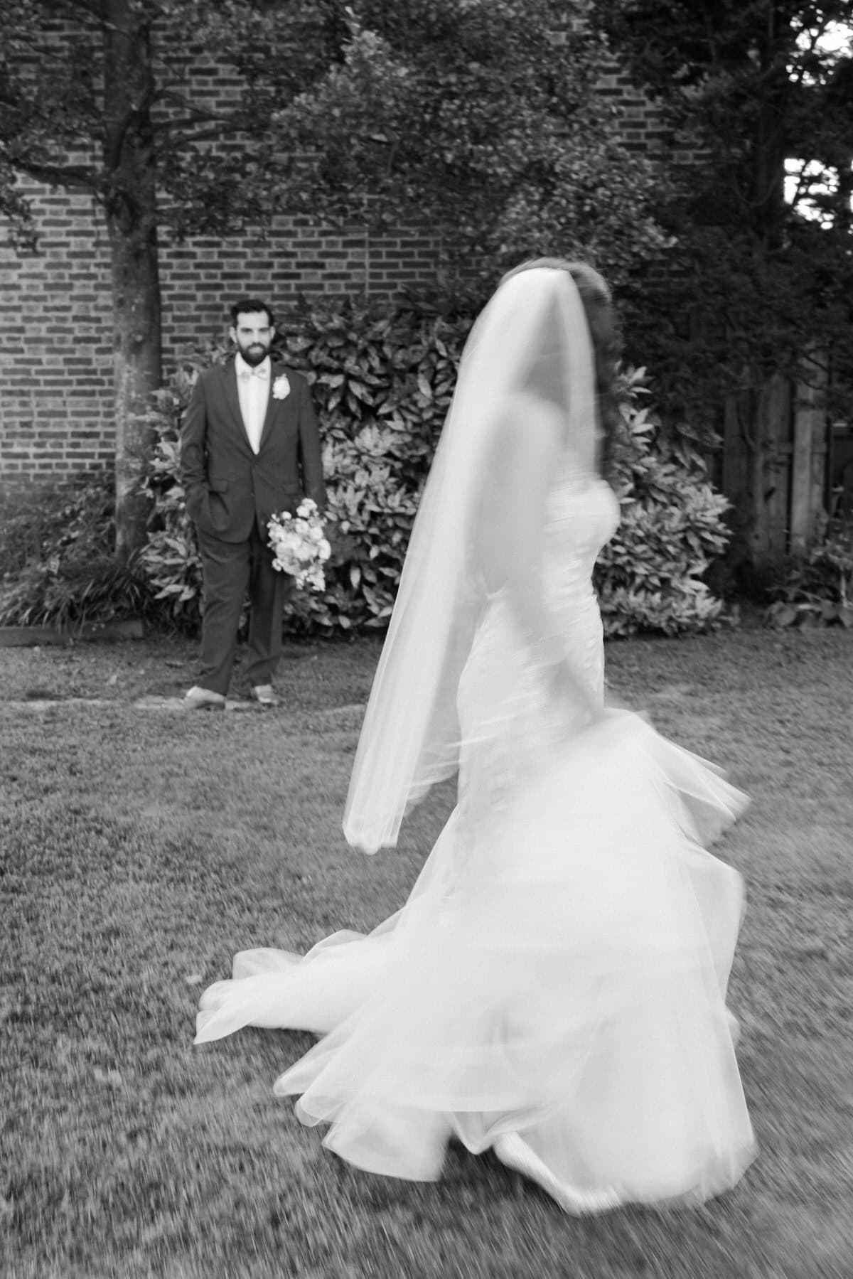 bride walking away from groom at Bishop Farmstead Wedding Southampton, NJ