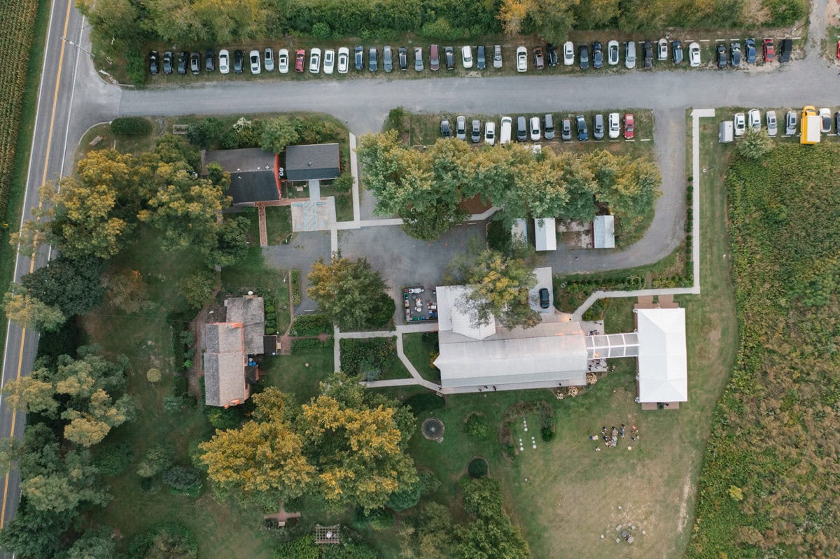 Bishop Farmstead Wedding parking view from drone