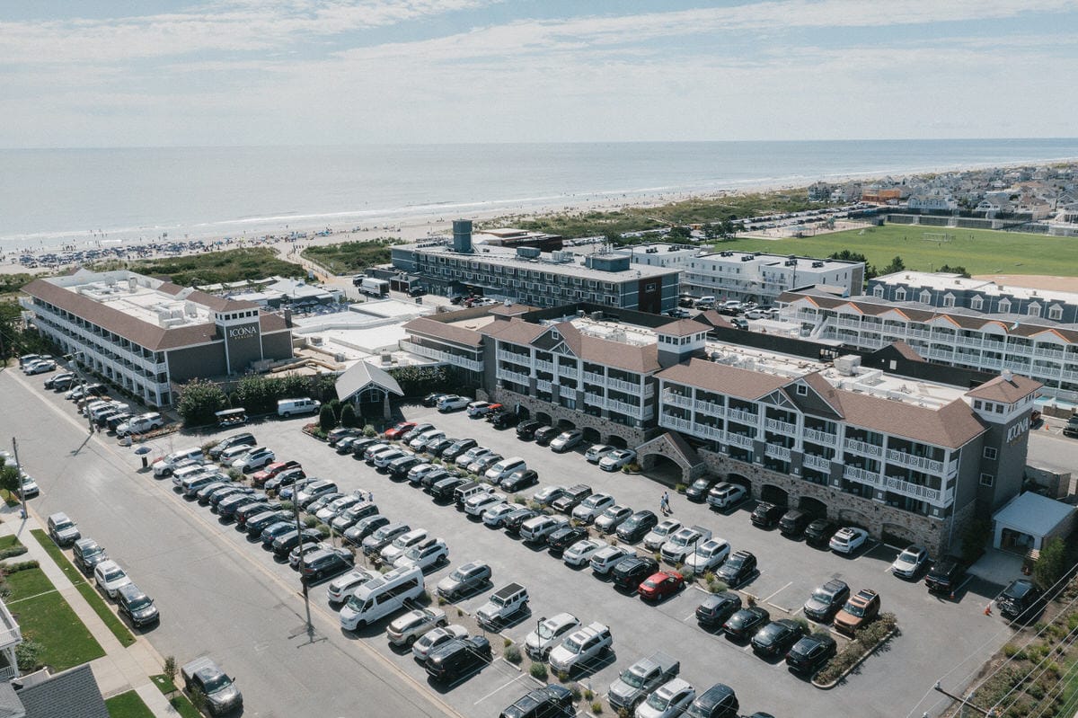 Aerial drone view of ICONA Avalon resort and private beach in Avalon NJ