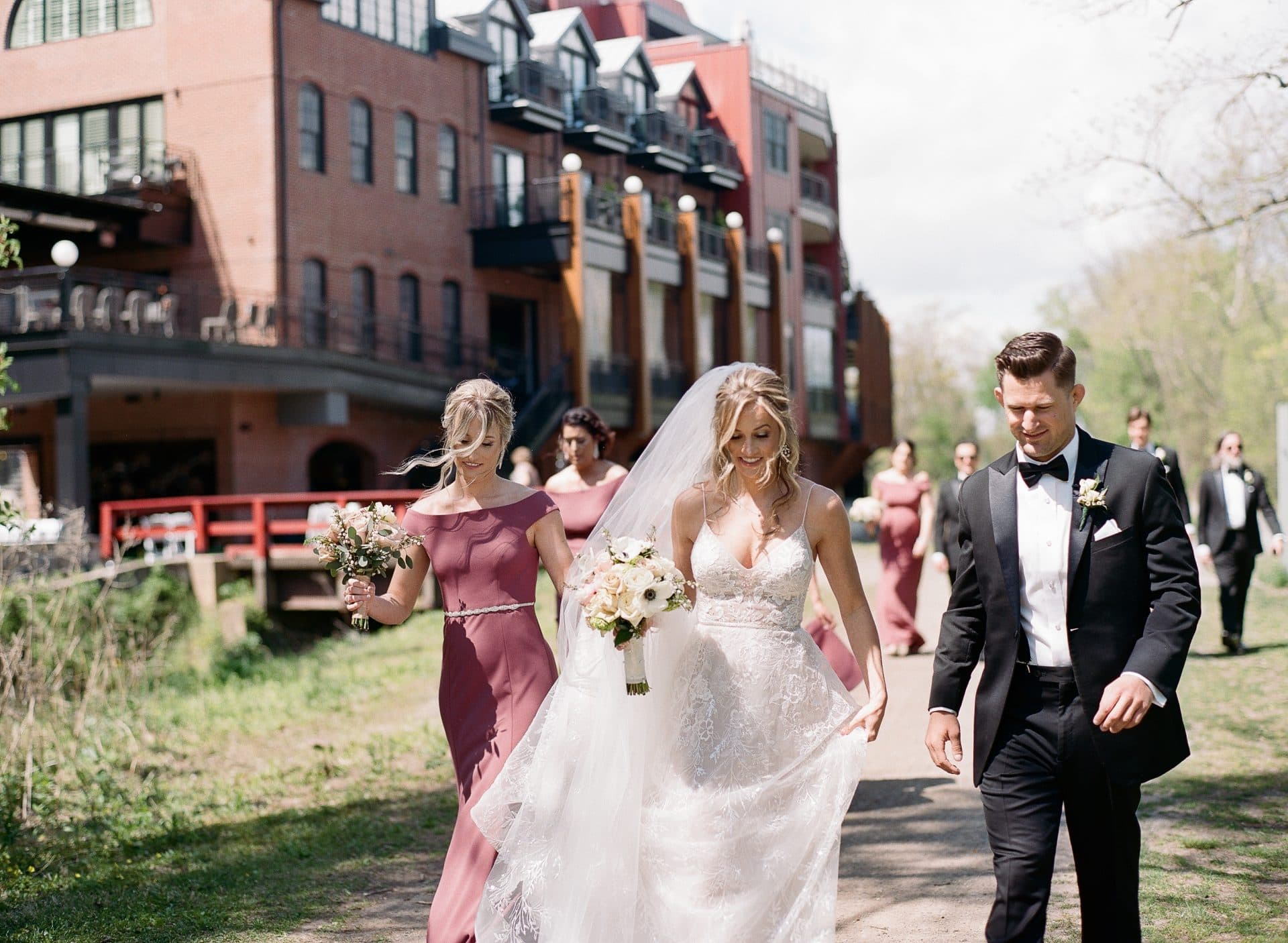 Wedding party portrait along the riverfront path at River House at Odette's in New Hope PA