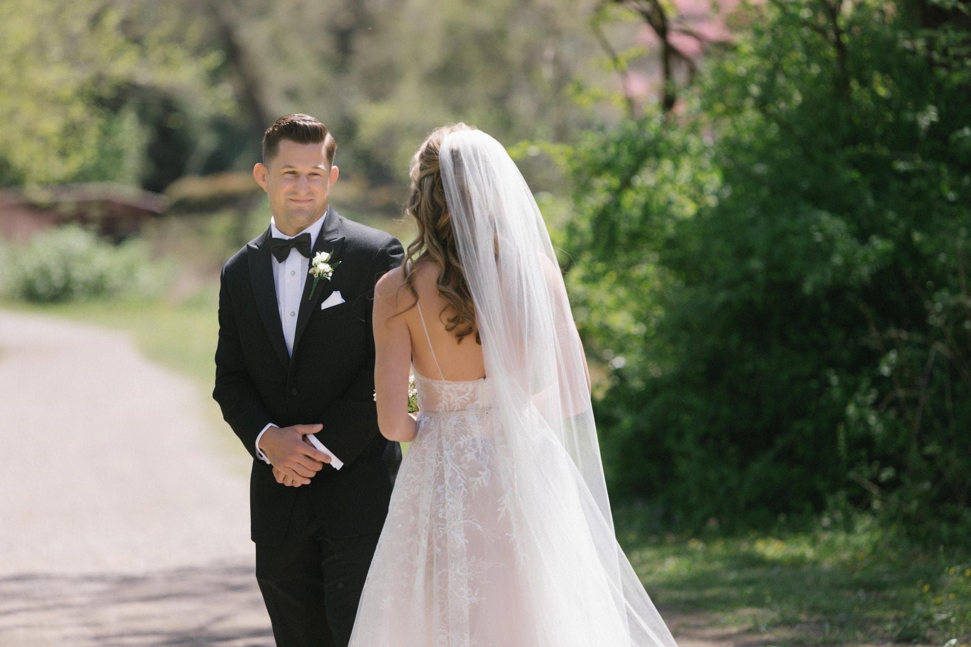 First look moment along the Delaware River pathway at River House at Odette's in New Hope PA