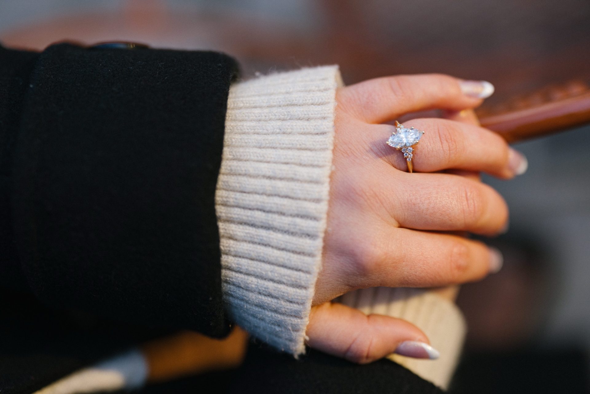 Engagement ring close-up detail shot after winter proposal at Grounds for Sculpture Hamilton NJ - NJ proposal photographer