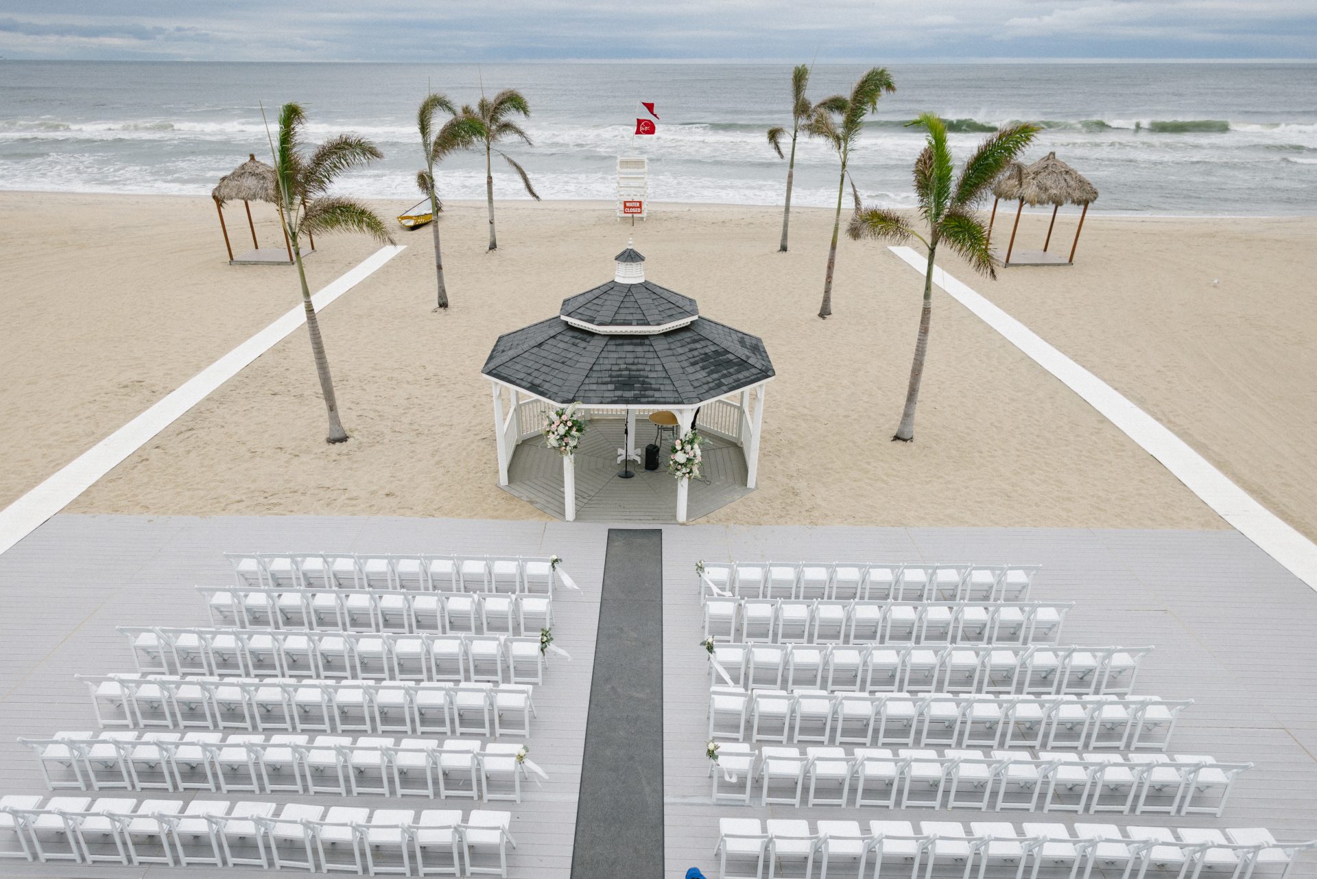 Beach gazebo ceremony setup from above at Windows on the Water wedding, Sea Bright NJ