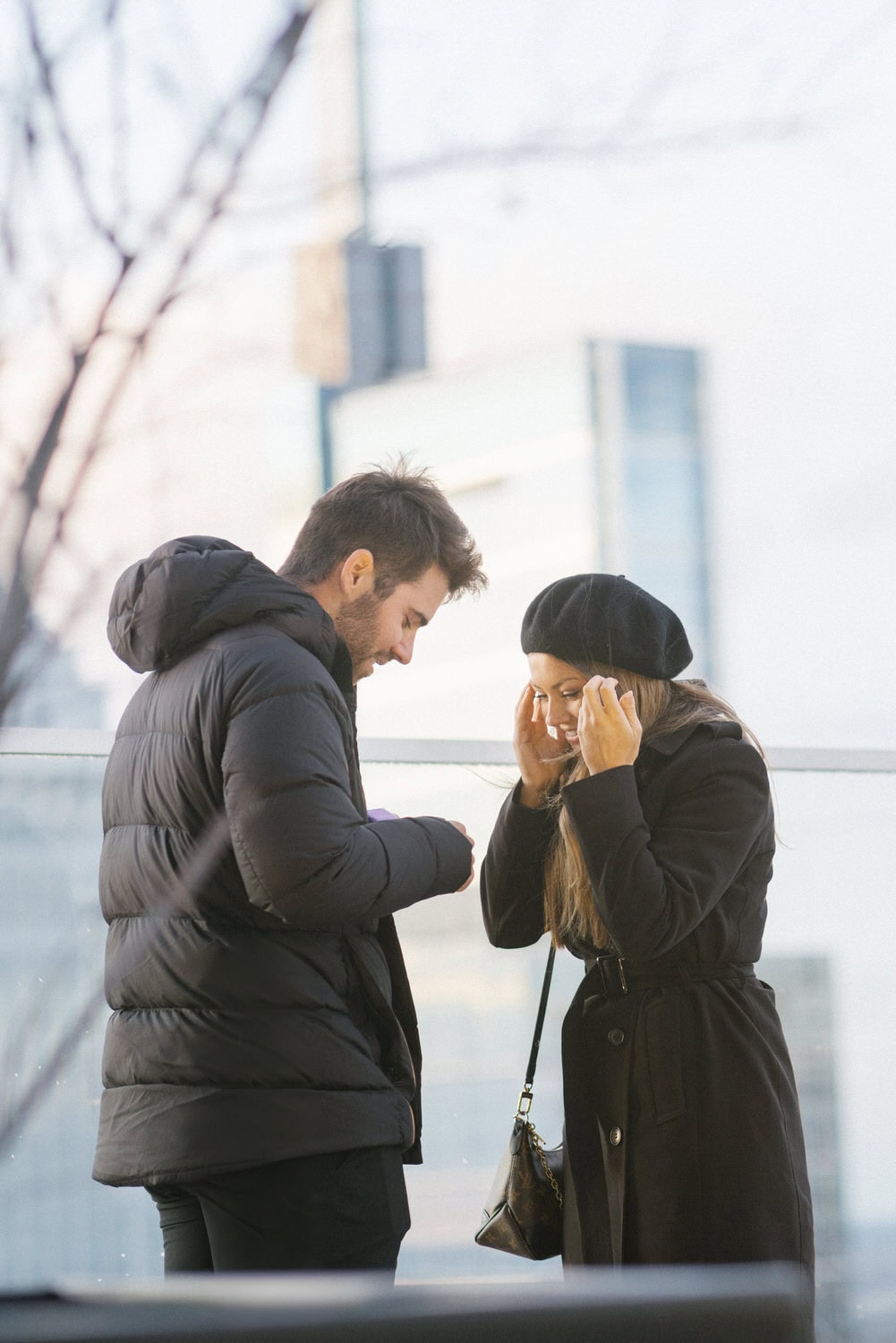 W Hotel Philadelphia - couple admiring engagement ring after rooftop proposal