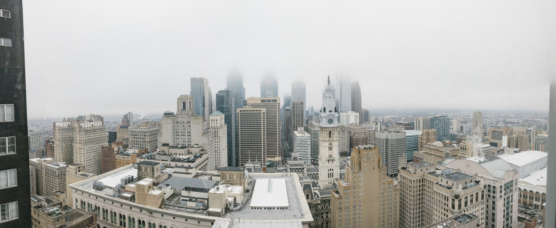 Philadelphia skyline panoramic view from President Suite at Loews Hotel on wedding day