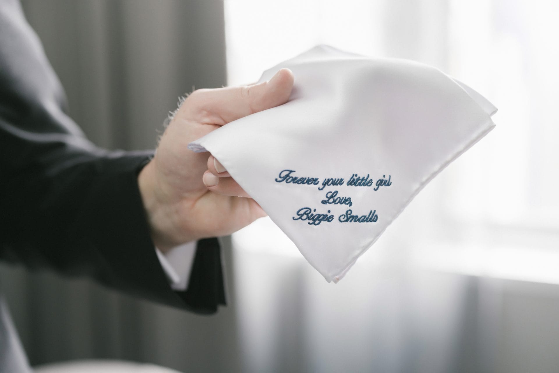 Custom embroidered handkerchief reading forever your little girl love Biggie Smalls