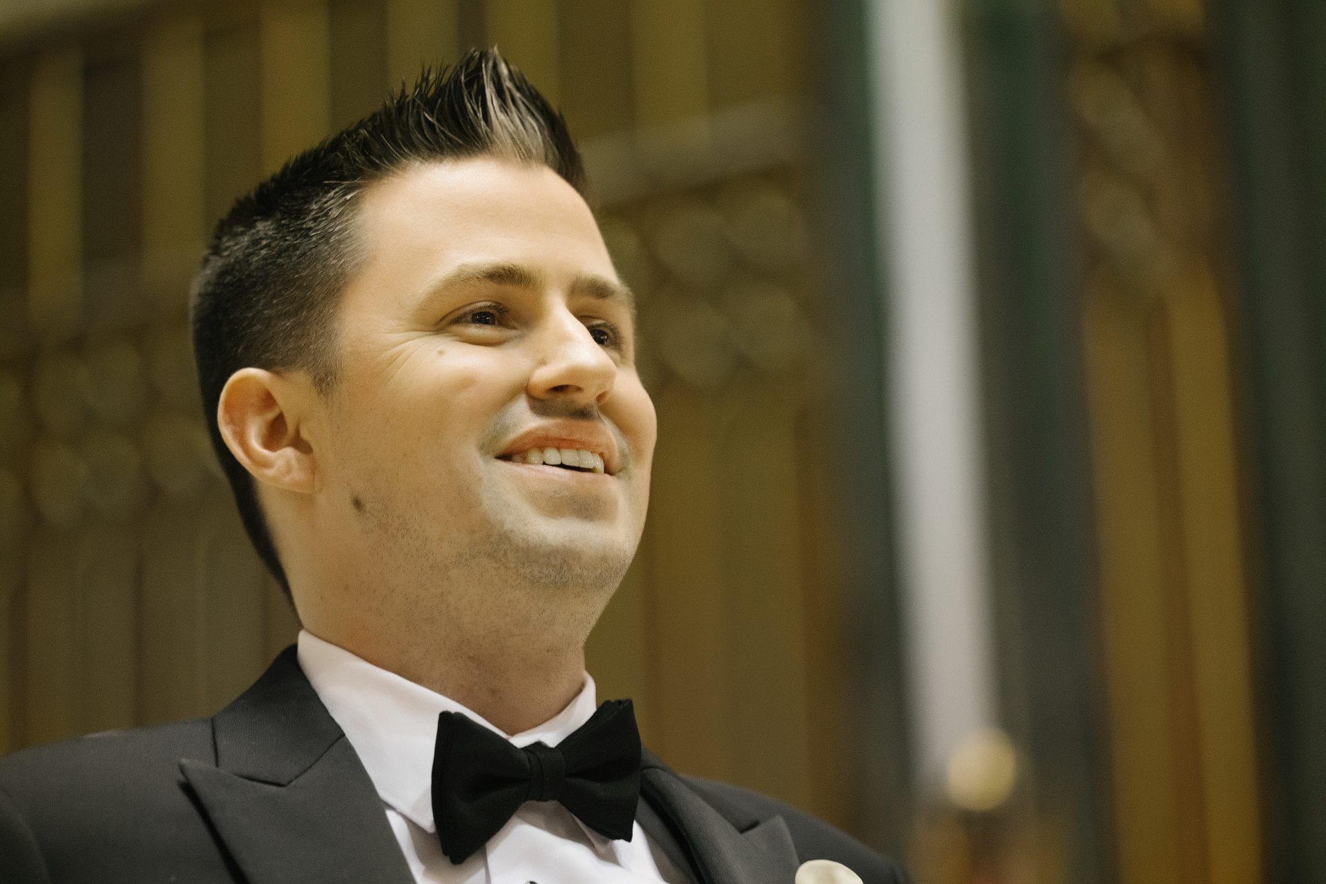 Groom at altar seeing bride for first time during wedding ceremony Philadelphia