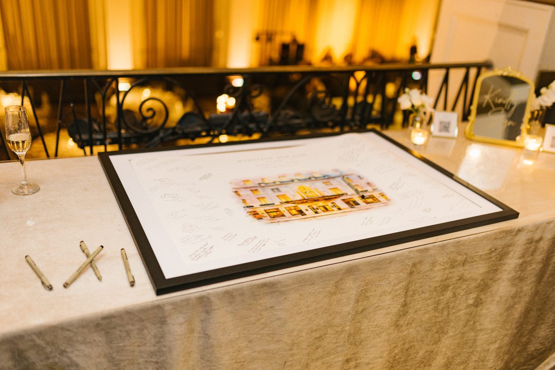Watercolor painting guest book alternative of Ballroom at the Ben building